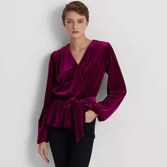 Lauren Ralph Lauren Black Label Belted Velvet Peplum Surplice Top Plus Size 1X - Picture 12 of 12